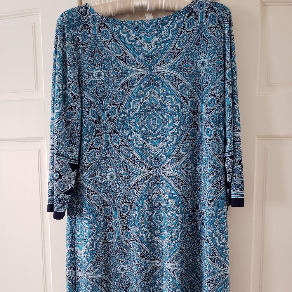 Swingy soft blue Indian-inspired print dress